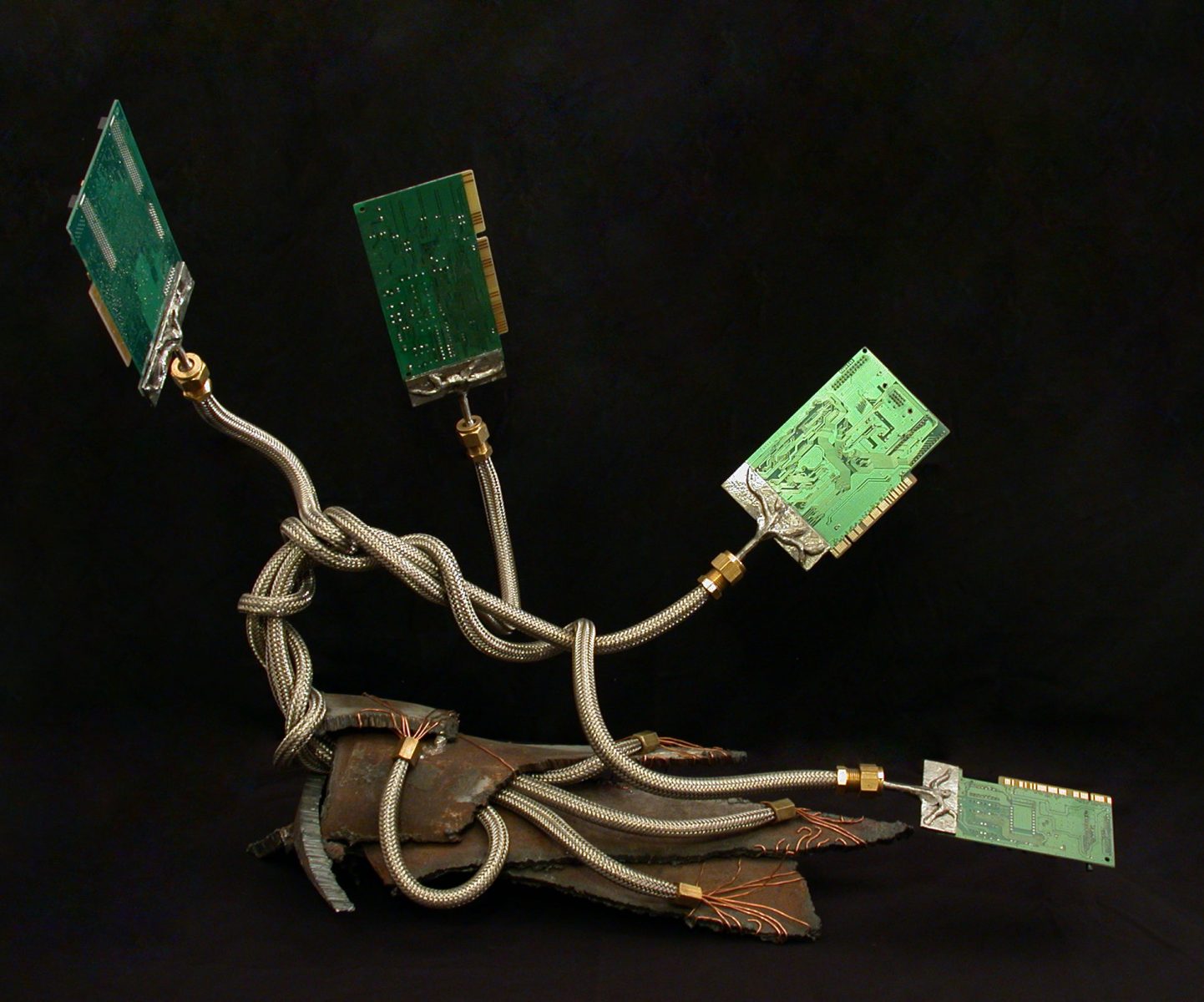 Sculpture of a bonsai tree made with eWaste